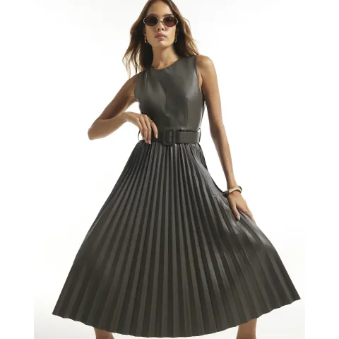 River Island Faux Leather Belted Pleated Midi Dress