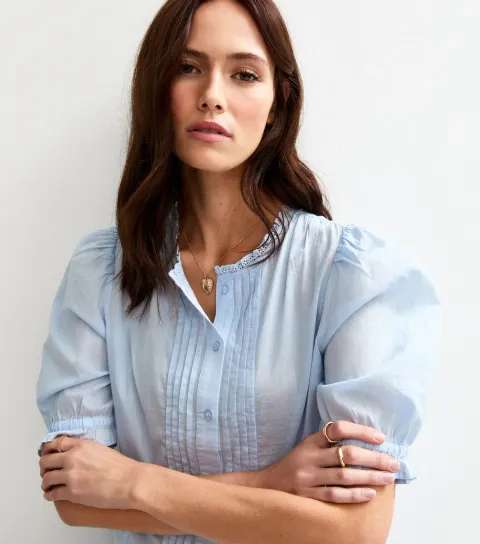New Look Women's Blue Pintuck Detail Lace Trim Shirt