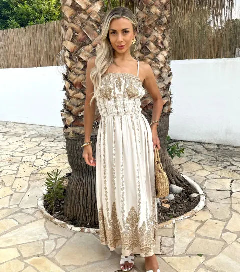 Women's Cream Strappy Shirred Midi Dress