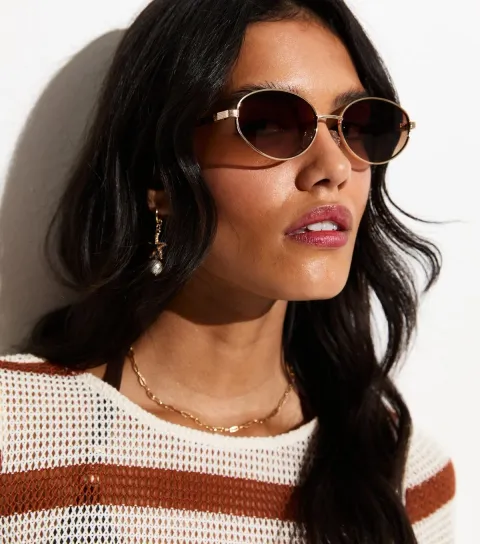 Gold Tone Brown Oval Frame Sunglasses
