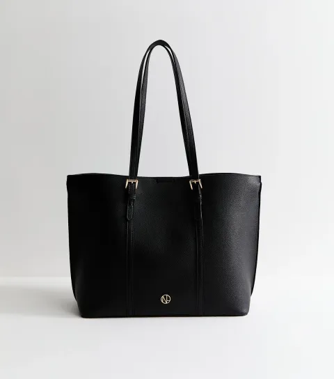 Black Faux Logo Plaque Leather Tote Bag Vegan