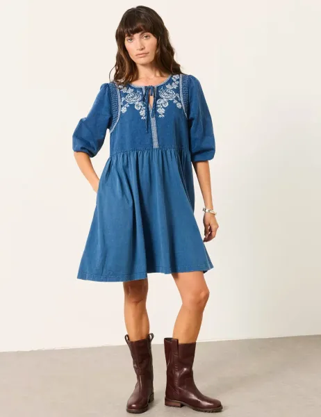 FatFace Pure Cotton Embroidered Mini Waisted Dress Blue Mix