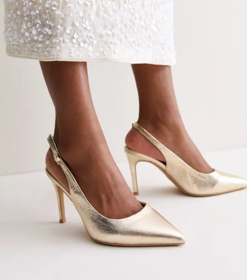 New Look Women's Wide Fit Gold Faux Leather Slingback Pumps Vegan