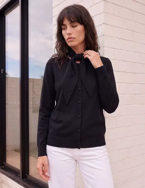 Roman Tie Neck Cardigan Black Mix