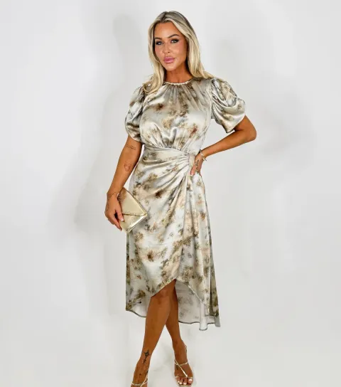Women's Grey Satin Puff Sleeve Midi Dress