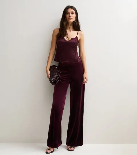New Look Women's Dark Burgundy Velvet Wide Leg Trousers