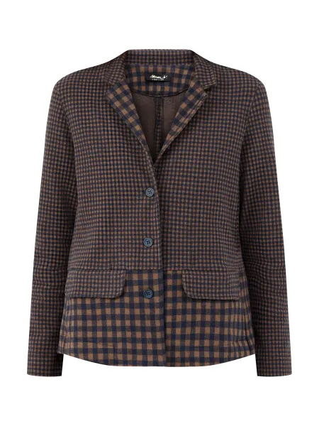 Cotton Blend Collared Check Jacket - Navy & Coffee