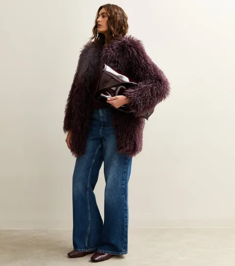 Women's Dark Burgundy Faux Fur Midi Coat