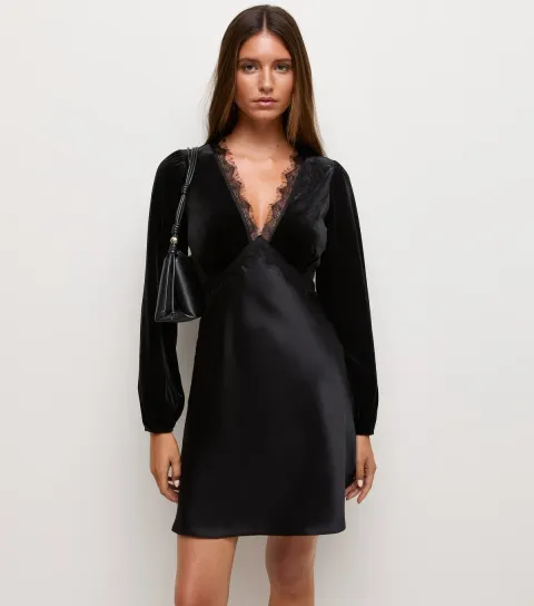 New Look Women's Black Satin and Velvet Mini Dress