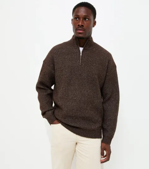 Men's Dark Brown Regular Fit Ribbed Knit Quarter Zip Funnel Neck Jumper