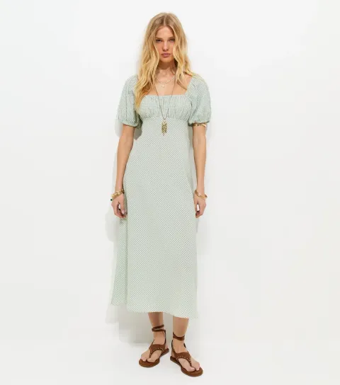 Women's Green Gingham Milkmaid Midi Dress