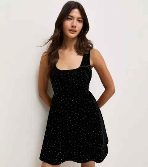 Women's Black Velvet Diamanté Square Neck Mini Dress