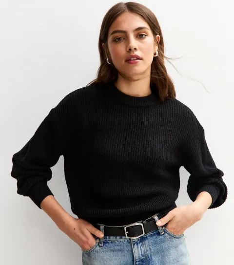 Women's Black Ribbed Crew Neck Knit Jumper
