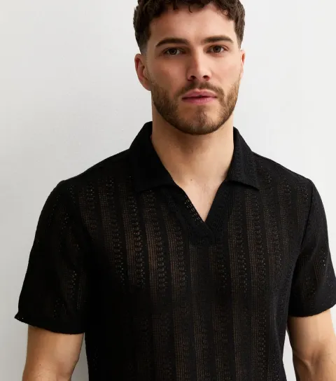 Men's Black Crochet Polo Shirt