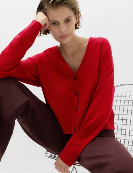 Marks & Spencer V Neck Button Front Relaxed Cardigan Ruby Red
