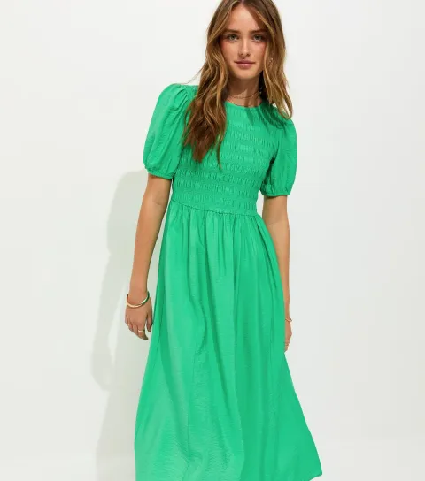 Women's Green Shirred Body Short Sleeve Midi Dress
