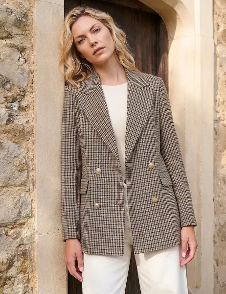 Roman Tweed Oversized Double Breasted Cropped Blazer with Wool Brown Mix