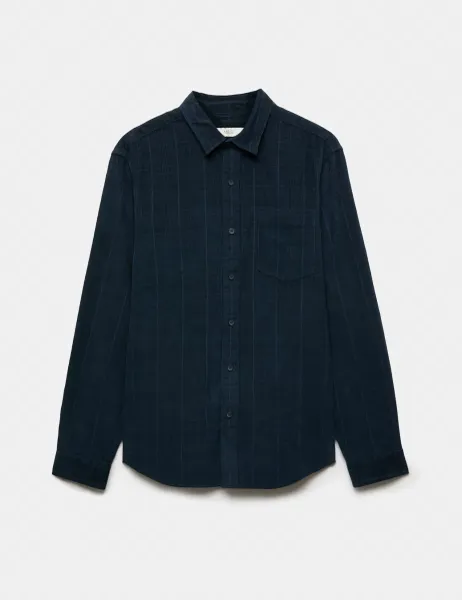 Marks & Spencer Regular Fit Checked Corduroy Shirt Navy