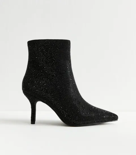 Women's Black Diamante Embellished Point Toe Boots Vegan