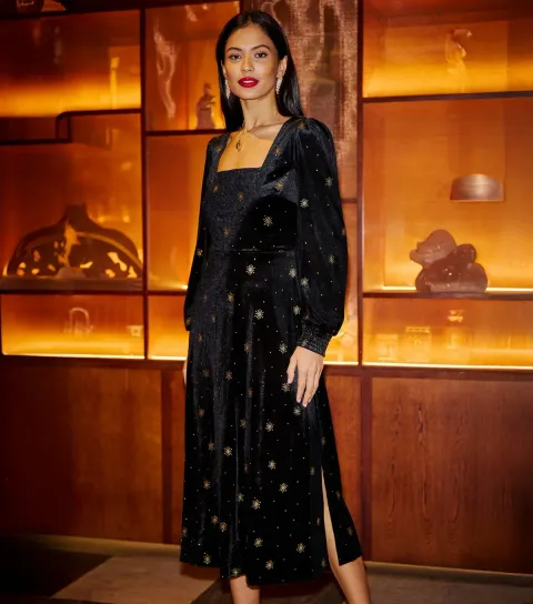 Women's Velvet Black Gold Foil Midi Dress