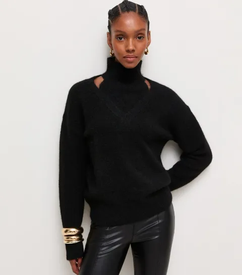 Women's Black High Neck Cut Out Jumper
