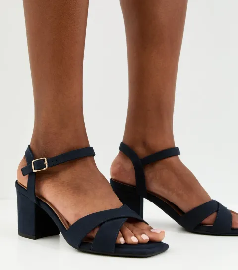 New Look Women's Wide Fit Navy Block Heel Cross Strap Sandals Vegan