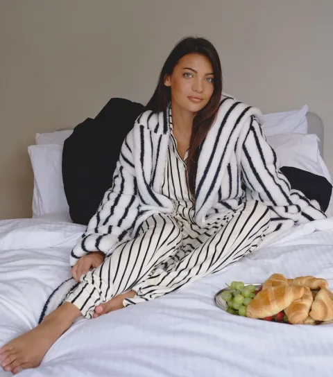 Loungeable Women's Black Borg Striped Hooded Dressing Gown