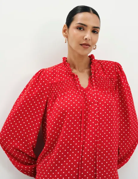 Finery London Polka Dot Shirred Tie Neck Blouse Red Mix
