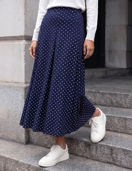 Roman Polka Dot Stretch Midi Skirt Navy Mix