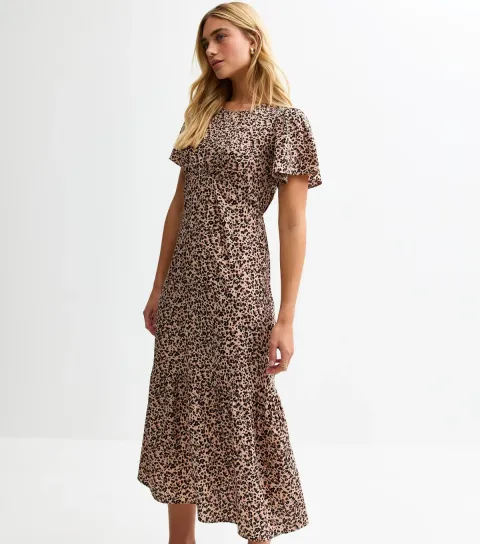 New Look Women's Brown Leopard Print Tiered Hem Midi Dress