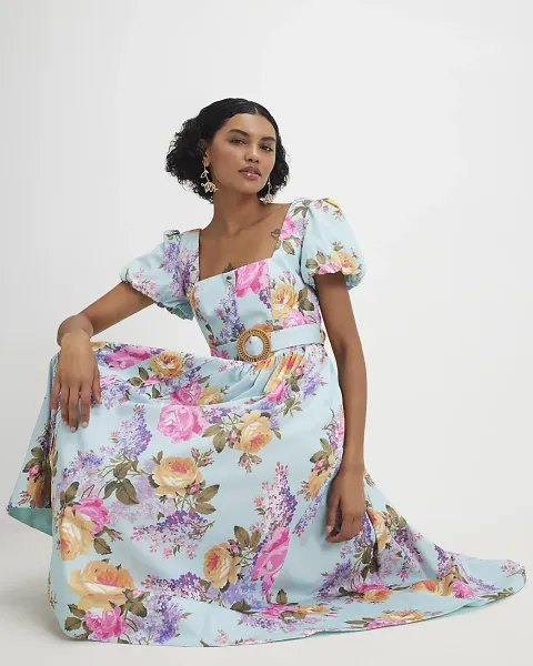 River Island Cotton Blend Gathered Floral Midi Dress