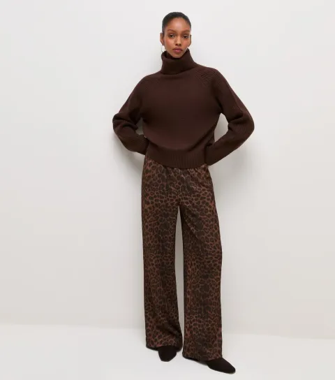 New Look Women's Brown Leopard Print Crinkle Jersey Wide Leg Trousers