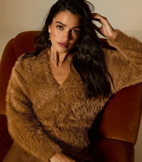 New Look Women's Tan Super Fluffy Button Up Cardigan