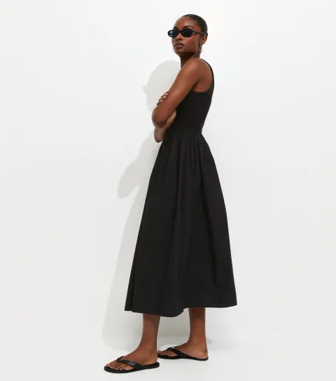 Women's Black 2-In-1 Poplin Midi Dress