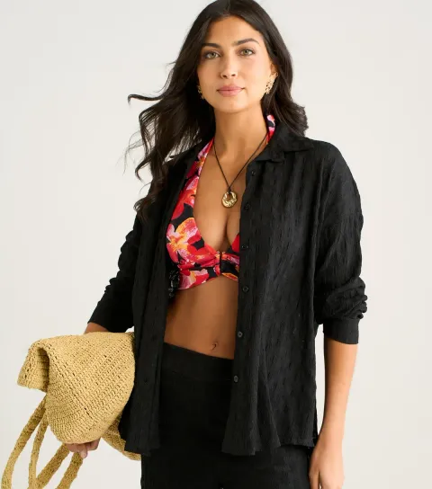 Women's Black Textured Beach Shirt
