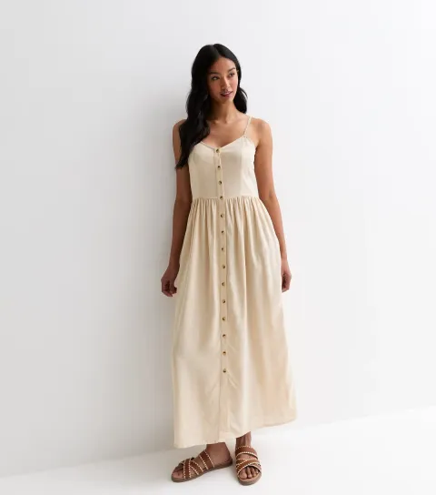 Women's Pale Grey Dress Button Through Strappy Maxi Dress