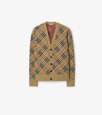 Check Cotton Wool Cardigan in Sand beige