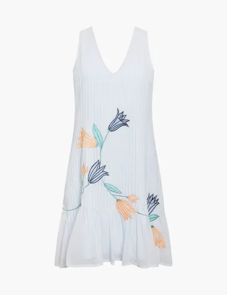 French Connection Floral Embroidery Pintuck Mini Drop Waist Swing Dress Blue Mix