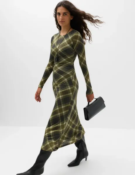 Marks & Spencer Lyocell Blend Checked Midi Column Dress Green Mix