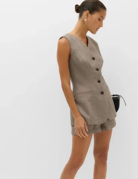 Marks & Spencer Neppy Herringbone Collarless Cinched Waistcoat Neutral