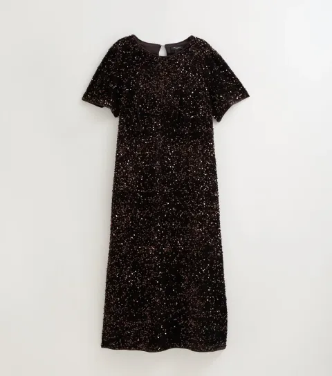 New Look Women's Plus Size Dark Brown Sequin Embellished Midi Dress Curves