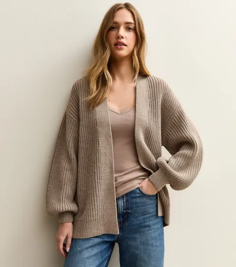 Women's Dark Mink Stitchy Knit Balloon Sleeve Cardigan