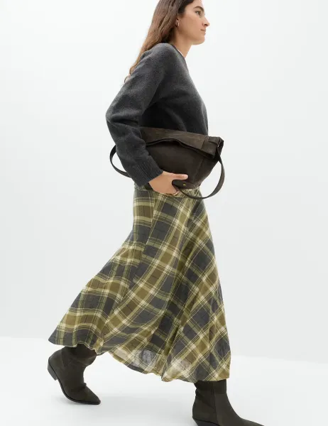 Marks & Spencer Lyocell Blend Checked Ruched Midi A-Line Skirt Green Mix