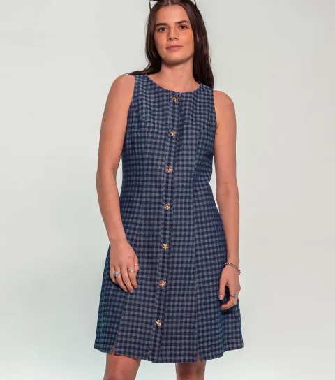 Women's Blue Gingham Denim Sleeveless Mini Dress