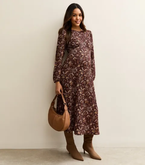 Women's Maternity Brown Crinkle Long Sleeve Paisley Midi Dress