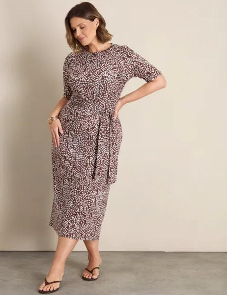 Live Unlimited London Printed Tie Detail Midaxi Column Dress Brown Mix