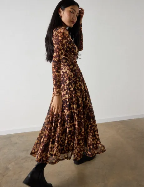 Whistles Mesh Animal Print Zip Up Midi Dress Brown Mix