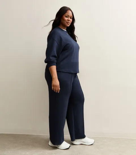 Women's Premium Plus Size Navy Jersey Wide Leg Joggers Curves