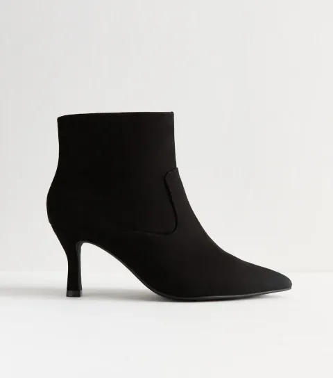 Women's Wide Fit Black Faux Suede Stiletto Heel Ankle Boots Vegan