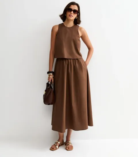 Women's Dark Brown Layered Sleeveless Midi Dress
